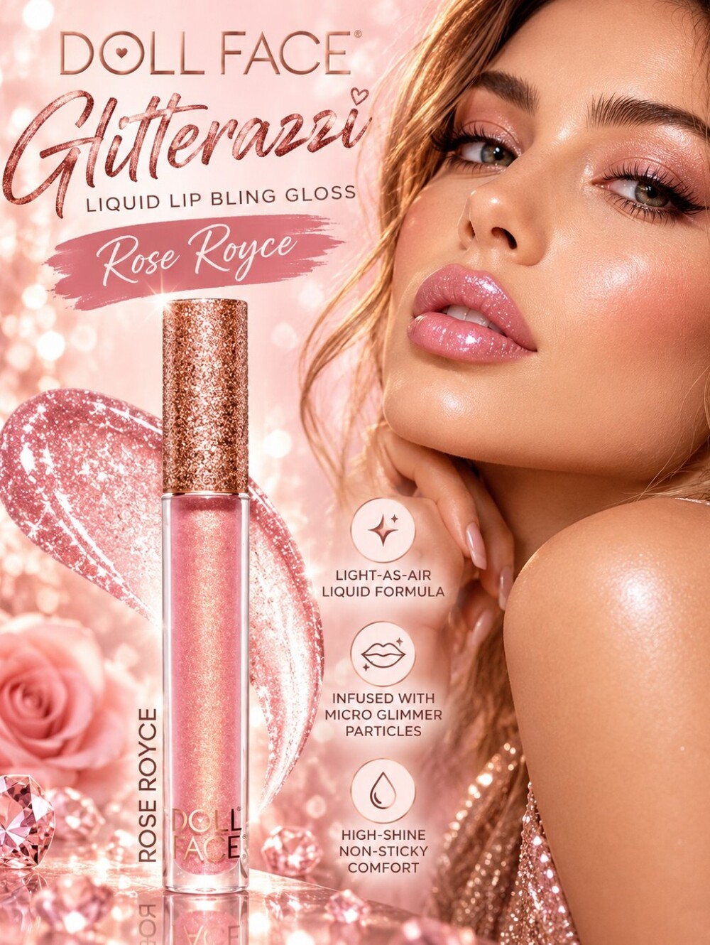 Doll Face Glitterazzi Liquid Lip Bling Gloss — Rose Royce